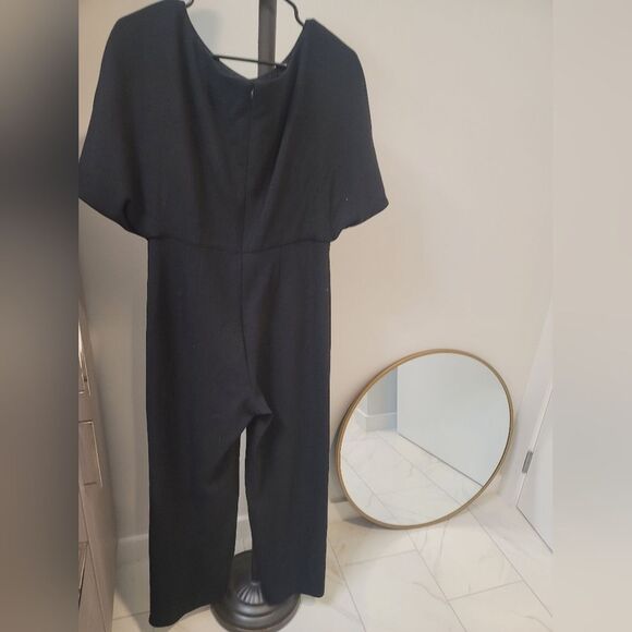 Lela Rose Black Ottoman Cape Sleeve Wide Leg Jumpsuit Romper 8 - Picture 6 of 12